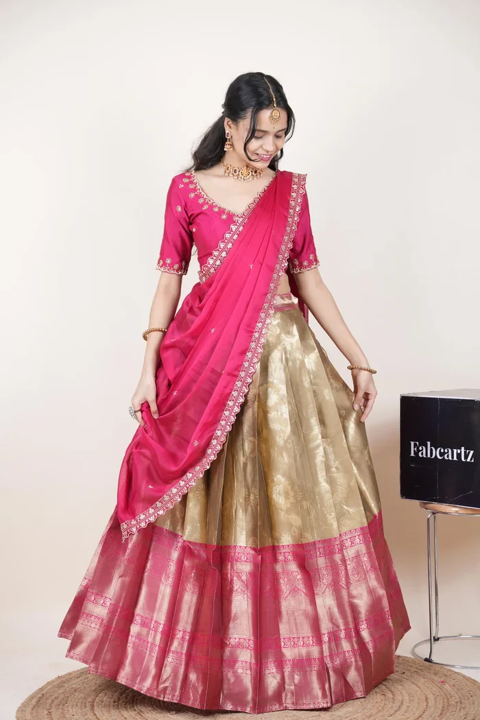 Beautiful South Indian Style Half Saree with Beads Work Blouse and Dupatta for Women | Hiral Kv - Image 52