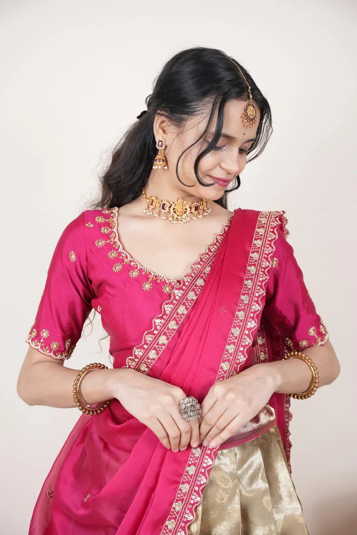 Beautiful South Indian Style Half Saree with Beads Work Blouse and Dupatta for Women | Hiral Kv - Image 53
