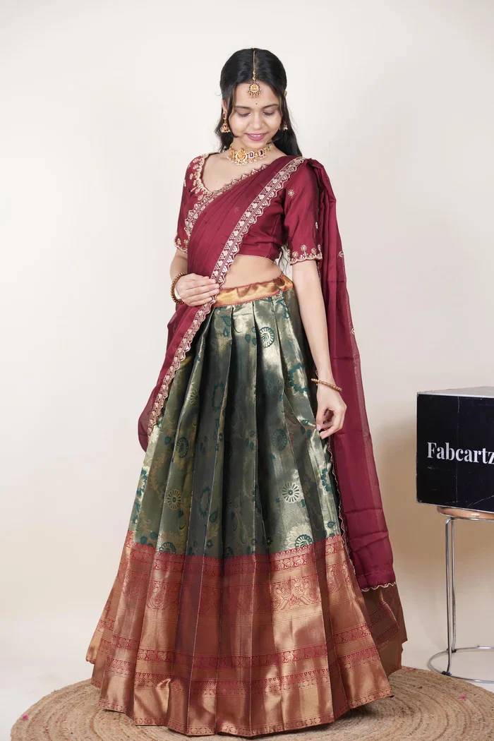 Beautiful South Indian Style Half Saree with Beads Work Blouse and Dupatta for Women | Hiral Kv - Image 58