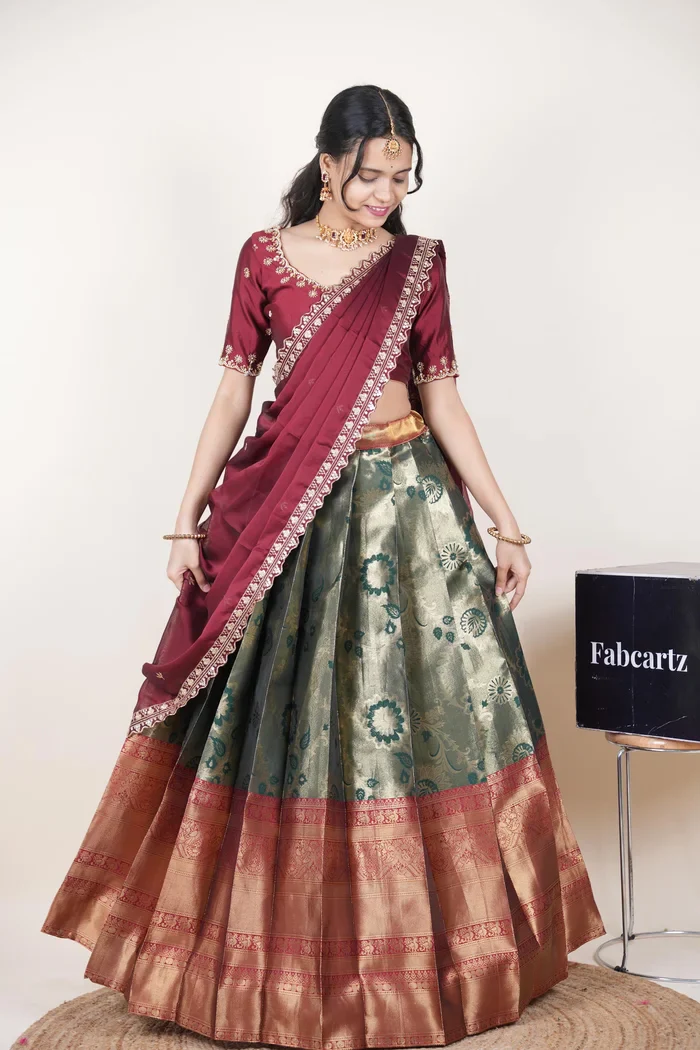 Beautiful South Indian Style Half Saree with Beads Work Blouse and Dupatta for Women | Hiral Kv - Image 59