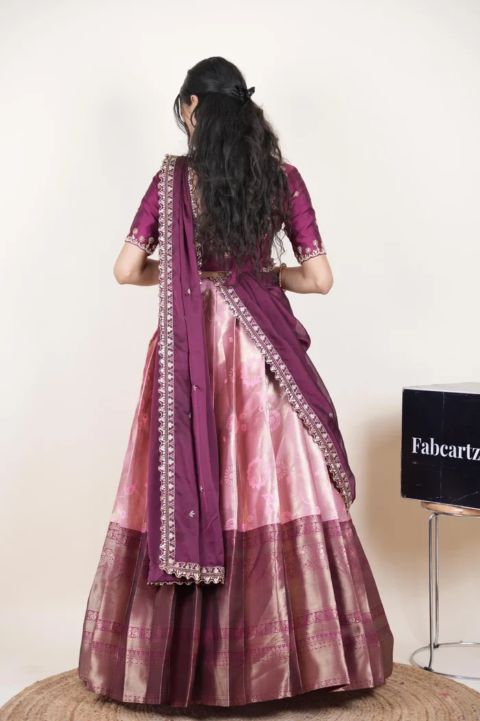Beautiful South Indian Style Half Saree with Beads Work Blouse and Dupatta for Women | Hiral Kv - Image 62