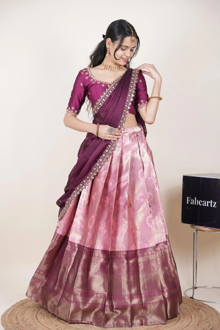 Beautiful South Indian Style Half Saree with Beads Work Blouse and Dupatta for Women | Hiral Kv - Image 63