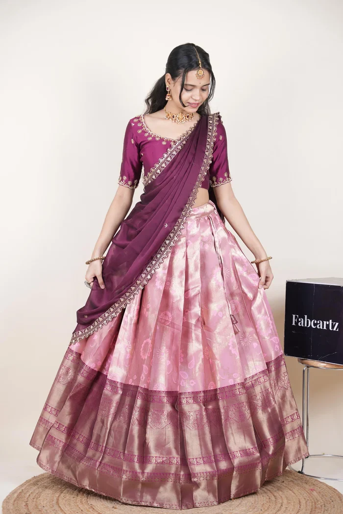 Beautiful South Indian Style Half Saree with Beads Work Blouse and Dupatta for Women | Hiral Kv - Image 66