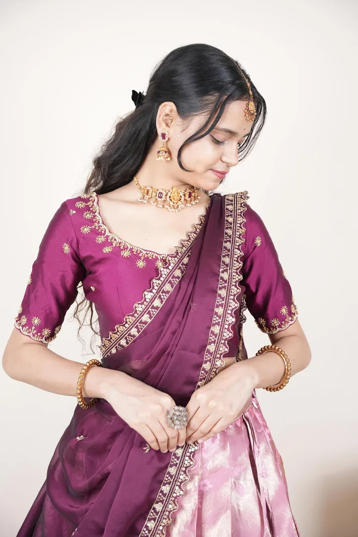 Beautiful South Indian Style Half Saree with Beads Work Blouse and Dupatta for Women | Hiral Kv - Image 67