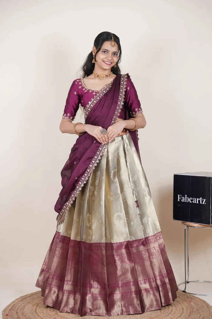 Beautiful South Indian Style Half Saree with Beads Work Blouse and Dupatta for Women | Hiral Kv - Image 69