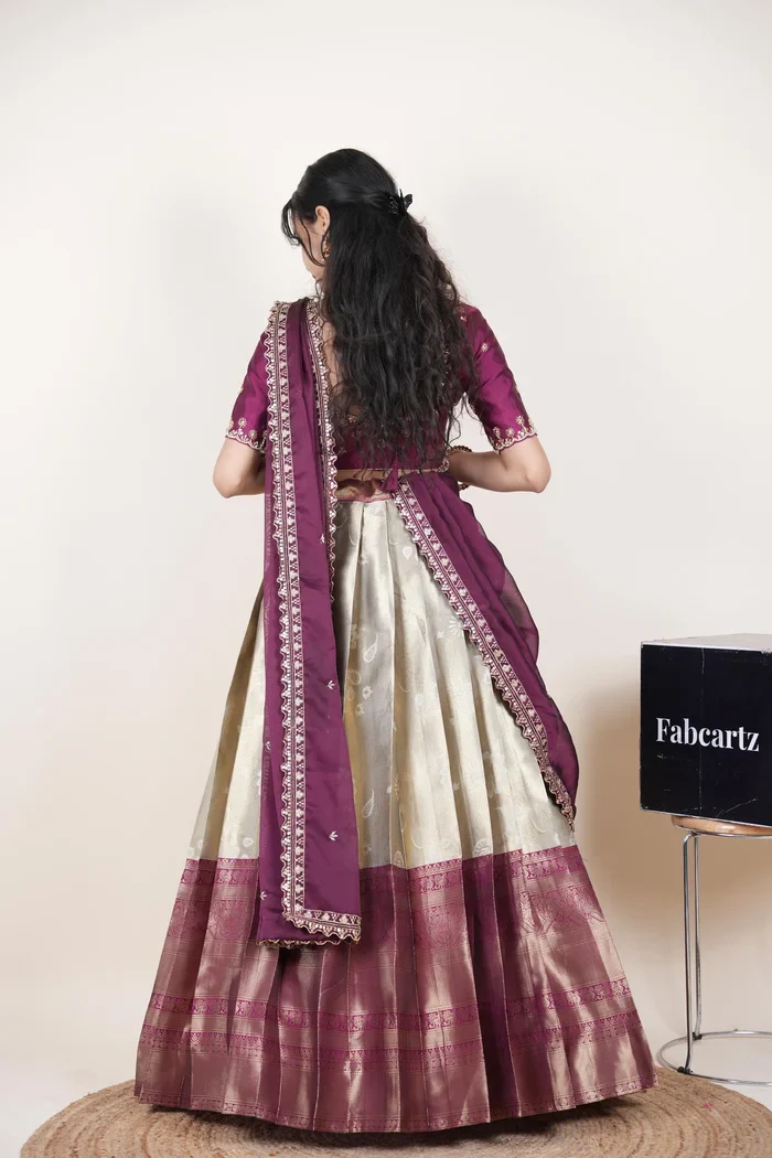 Beautiful South Indian Style Half Saree with Beads Work Blouse and Dupatta for Women | Hiral Kv - Image 70