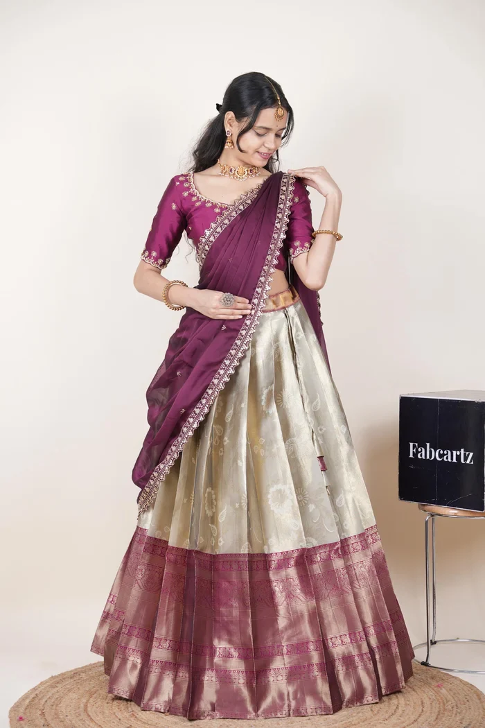 Beautiful South Indian Style Half Saree with Beads Work Blouse and Dupatta for Women | Hiral Kv - Image 71