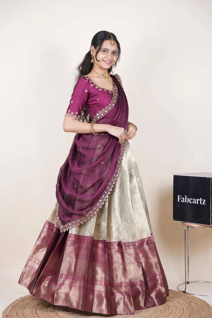 Beautiful South Indian Style Half Saree with Beads Work Blouse and Dupatta for Women | Hiral Kv - Image 72
