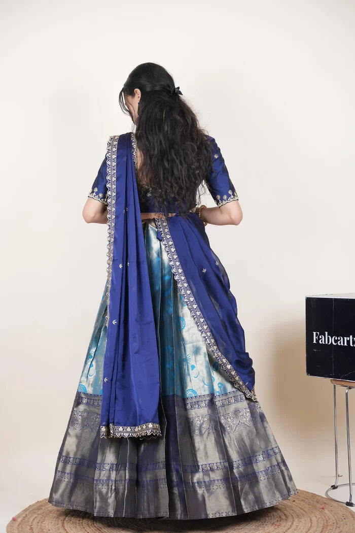 Beautiful South Indian Style Half Saree with Beads Work Blouse and Dupatta for Women | Hiral Kv - Image 78