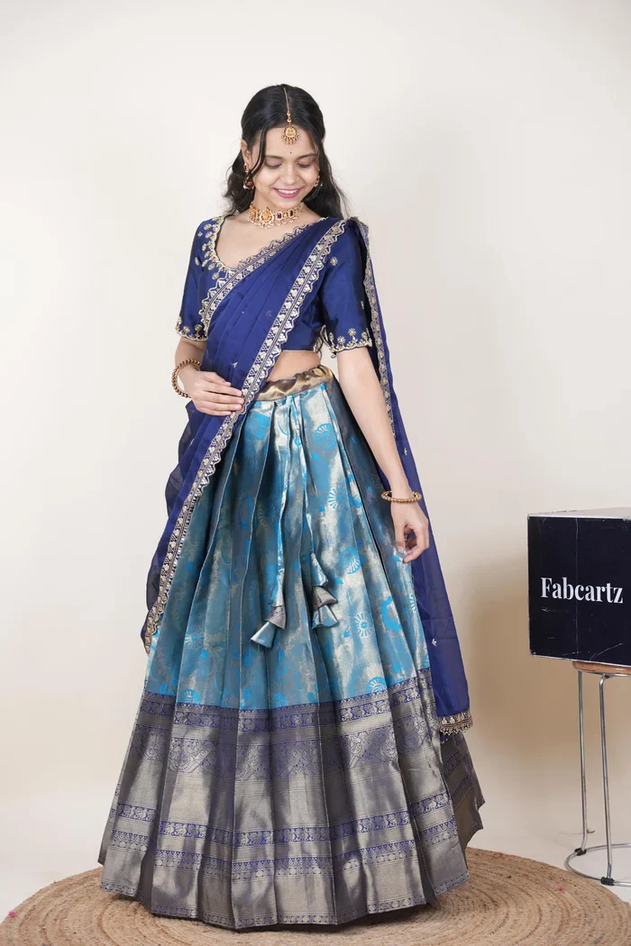 Beautiful South Indian Style Half Saree with Beads Work Blouse and Dupatta for Women | Hiral Kv - Image 81