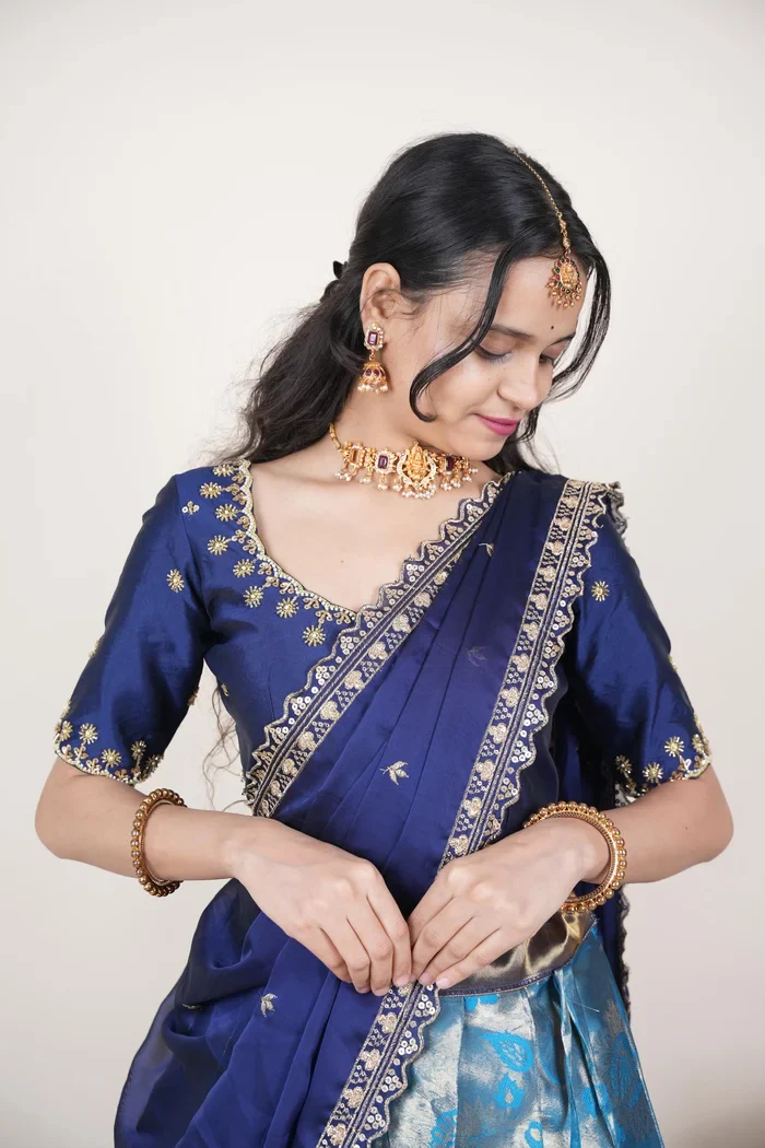 Beautiful South Indian Style Half Saree with Beads Work Blouse and Dupatta for Women | Hiral Kv - Image 83