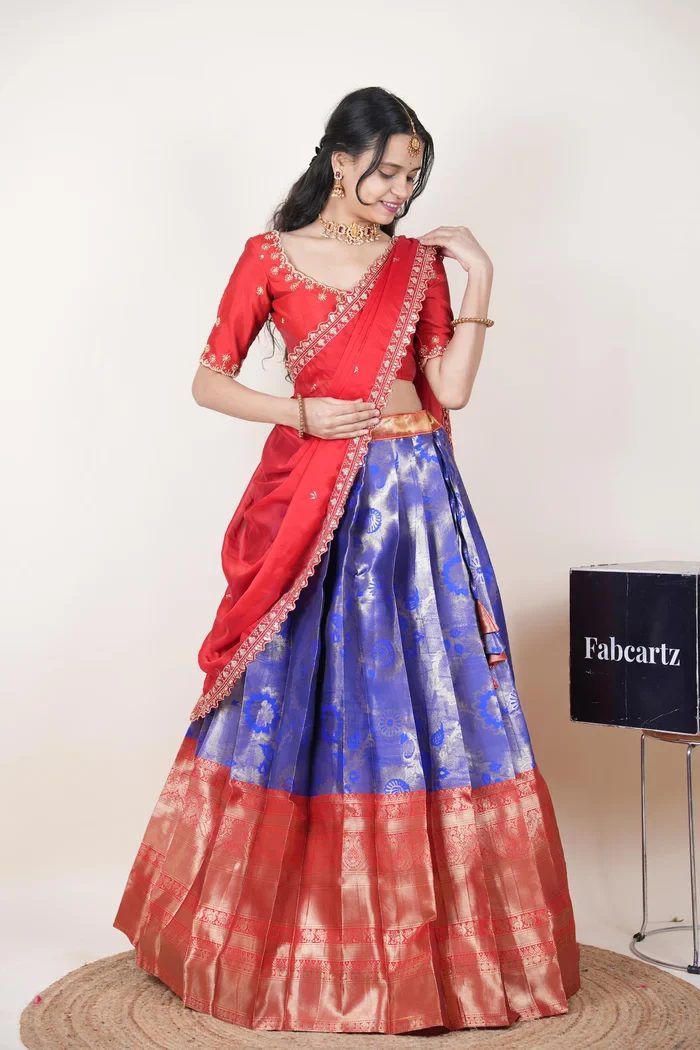 Beautiful South Indian Style Half Saree with Beads Work Blouse and Dupatta for Women | Hiral Kv - Image 87