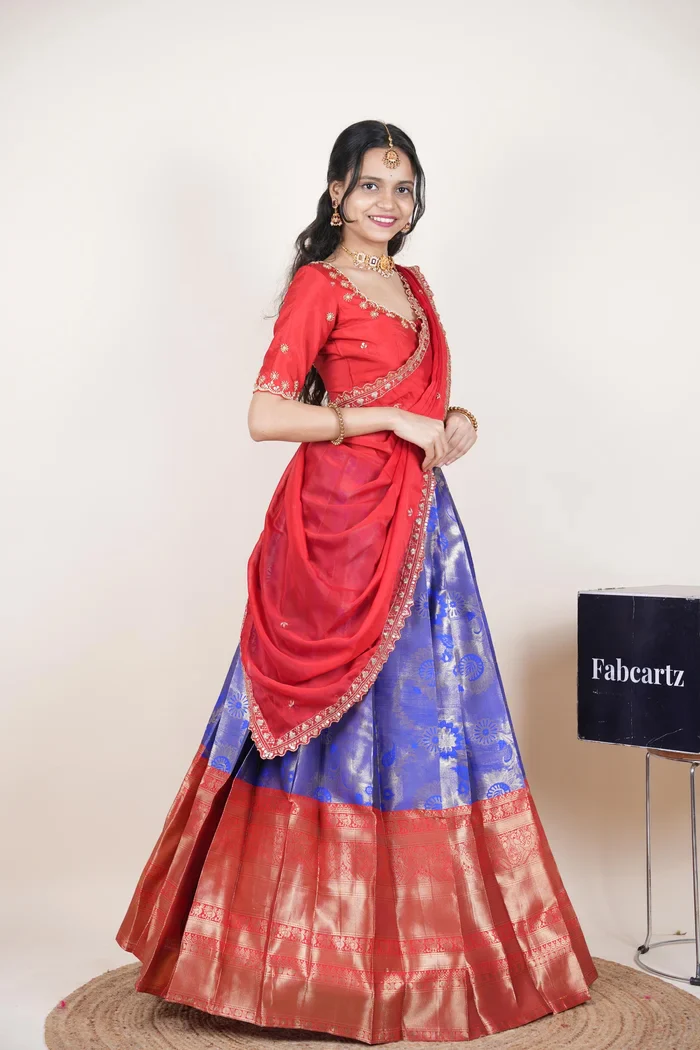 Beautiful South Indian Style Half Saree with Beads Work Blouse and Dupatta for Women | Hiral Kv - Image 88