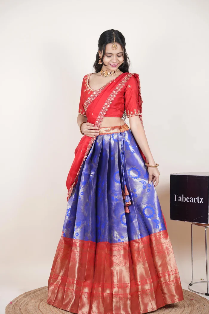 Beautiful South Indian Style Half Saree with Beads Work Blouse and Dupatta for Women | Hiral Kv - Image 89