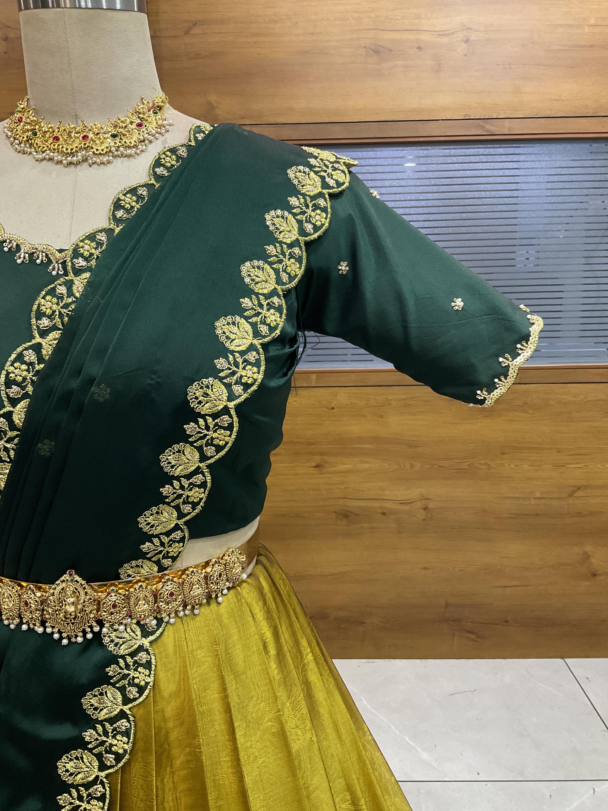 Beautiful South Indian Style Half Saree with (Hand Work) Beads Work Blouse and Dupatta for Women | Jyotiii - Image 106