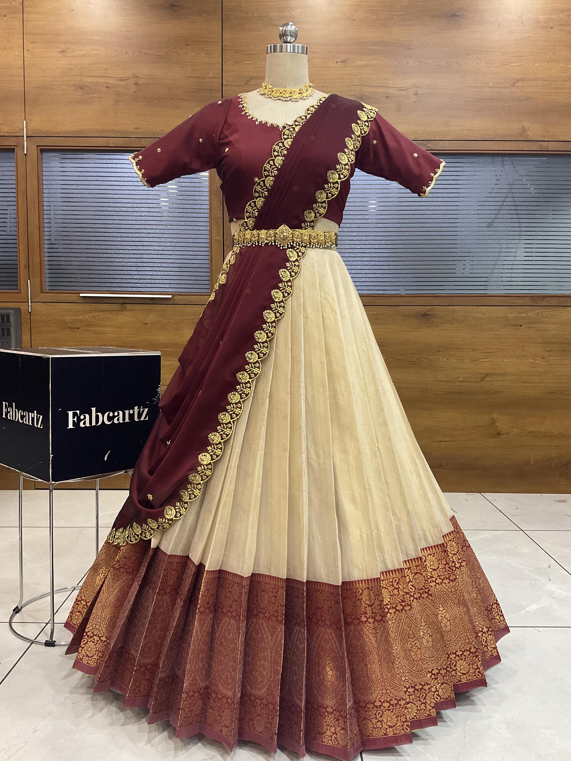 Beautiful South Indian Style Half Saree with (Hand Work) Beads Work Blouse and Dupatta for Women | Jyotiii - Image 11