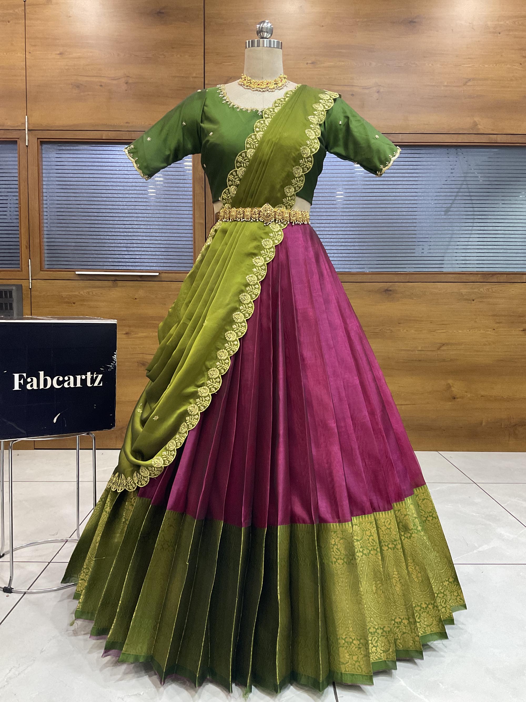 Beautiful South Indian Style Half Saree with (Hand Work) Beads Work Blouse and Dupatta for Women | Jyotiii - Image 31