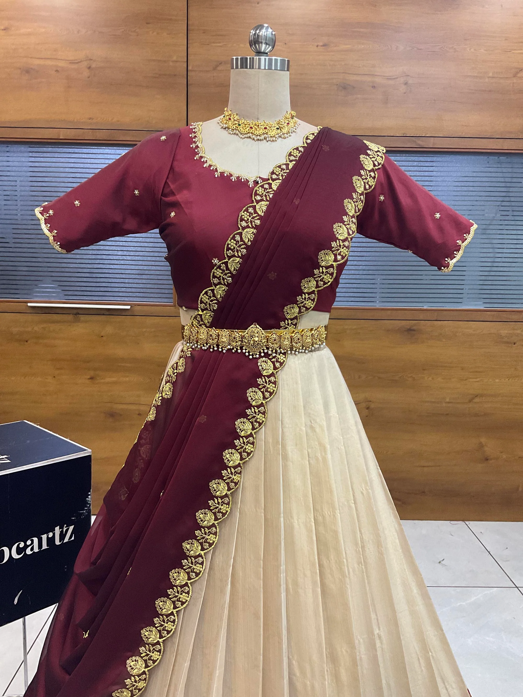 Beautiful South Indian Style Half Saree with (Hand Work) Beads Work Blouse and Dupatta for Women | Jyotiii - Image 70