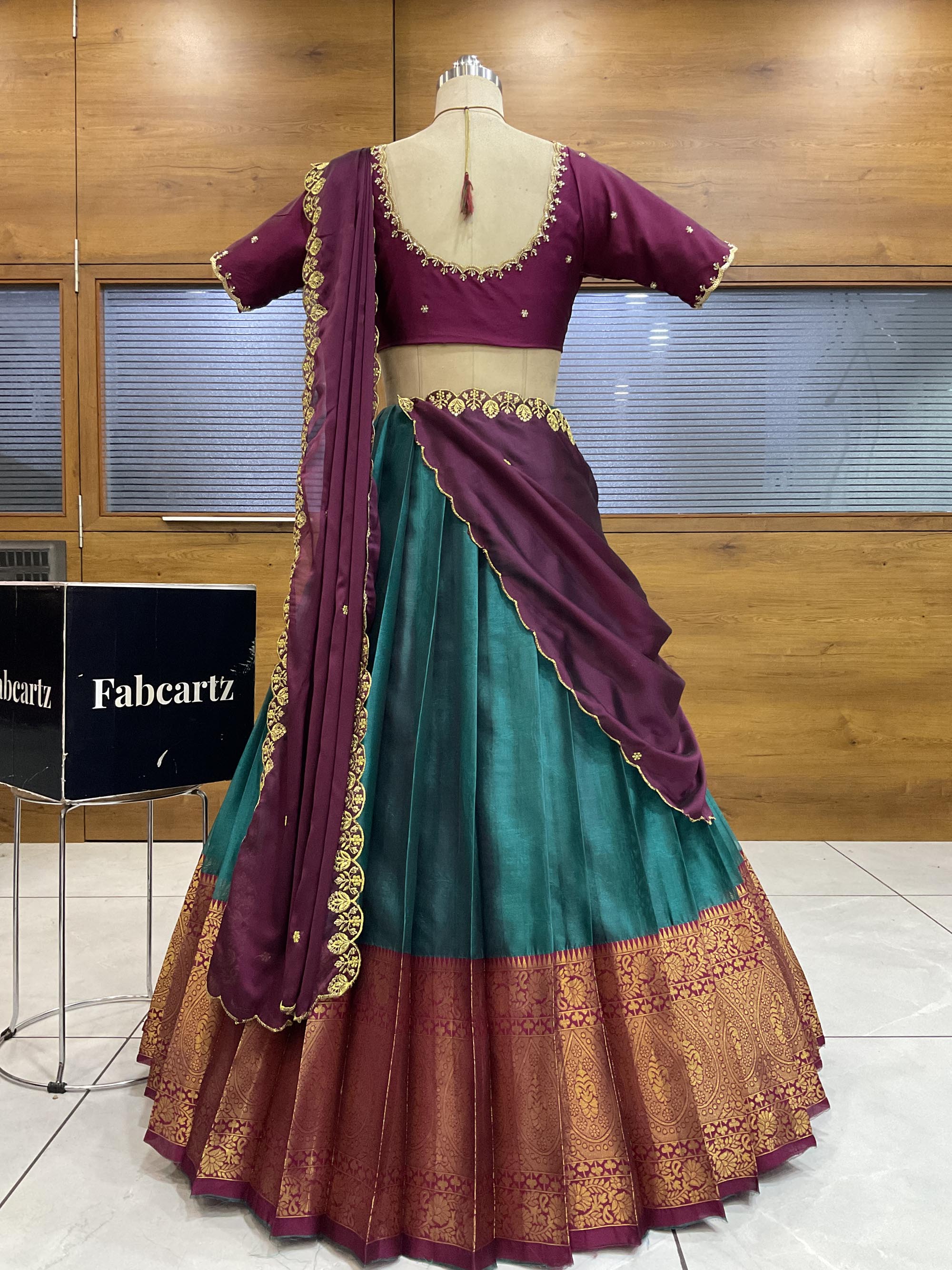 Beautiful South Indian Style Half Saree with (Hand Work) Beads Work Blouse and Dupatta for Women | Jyotiii - Image 78