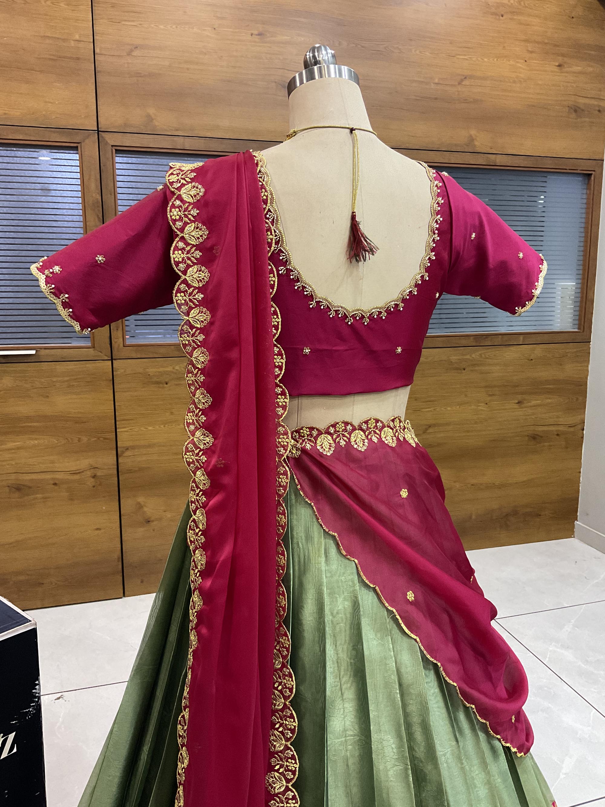 Beautiful South Indian Style Half Saree with (Hand Work) Beads Work Blouse and Dupatta for Women | Jyotiii - Image 96
