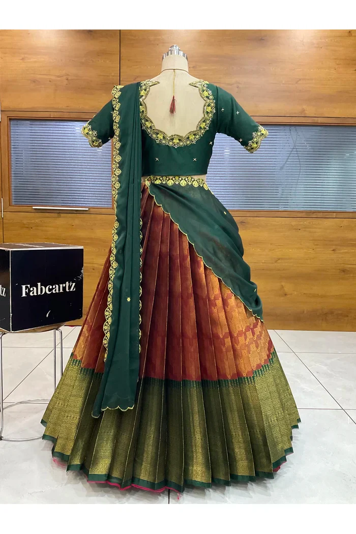Beautiful South Indian Style Half Saree with Beads Work Blouse and Dupatta for Women | Mitali - Image 10
