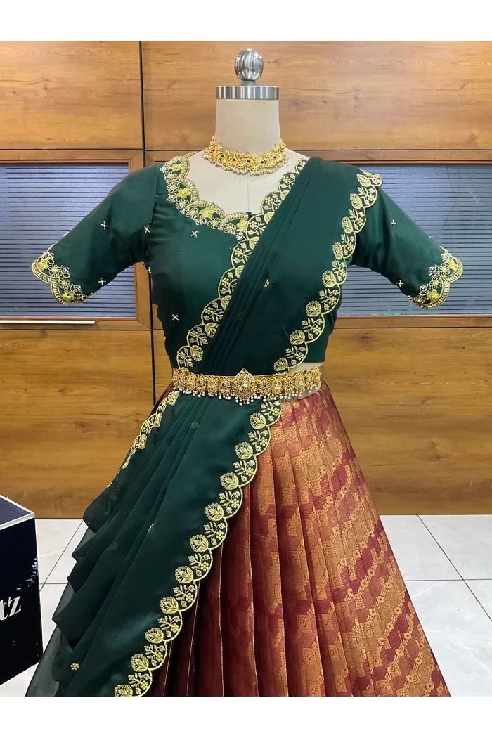 Beautiful South Indian Style Half Saree with Beads Work Blouse and Dupatta for Women | Mitali - Image 11