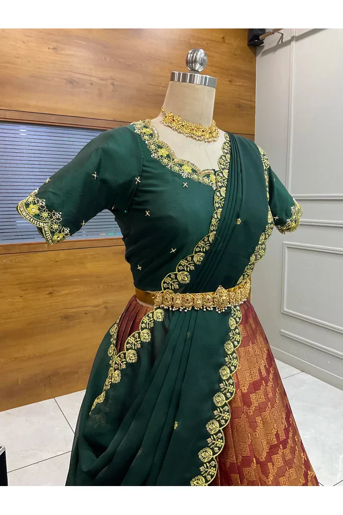 Beautiful South Indian Style Half Saree with Beads Work Blouse and Dupatta for Women | Mitali - Image 12