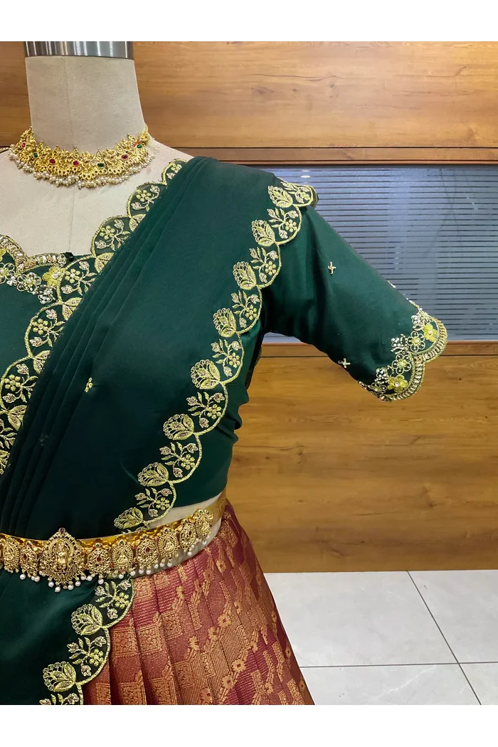 Beautiful South Indian Style Half Saree with Beads Work Blouse and Dupatta for Women | Mitali - Image 14