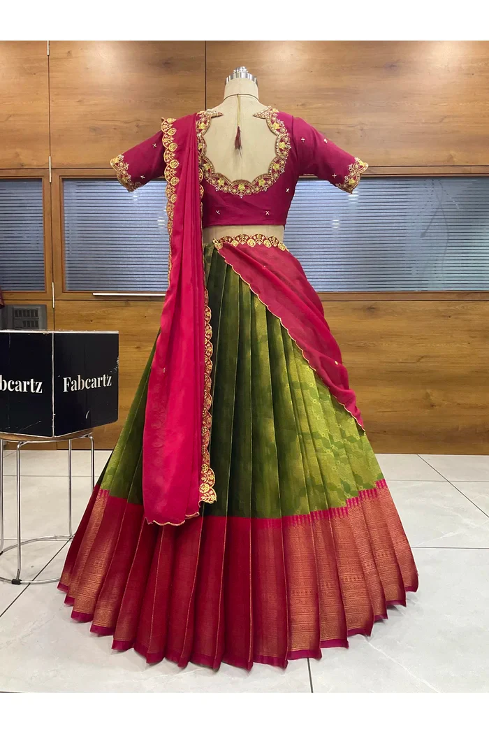Beautiful South Indian Style Half Saree with Beads Work Blouse and Dupatta for Women | Mitali - Image 18