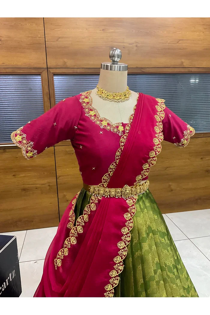 Beautiful South Indian Style Half Saree with Beads Work Blouse and Dupatta for Women | Mitali - Image 20