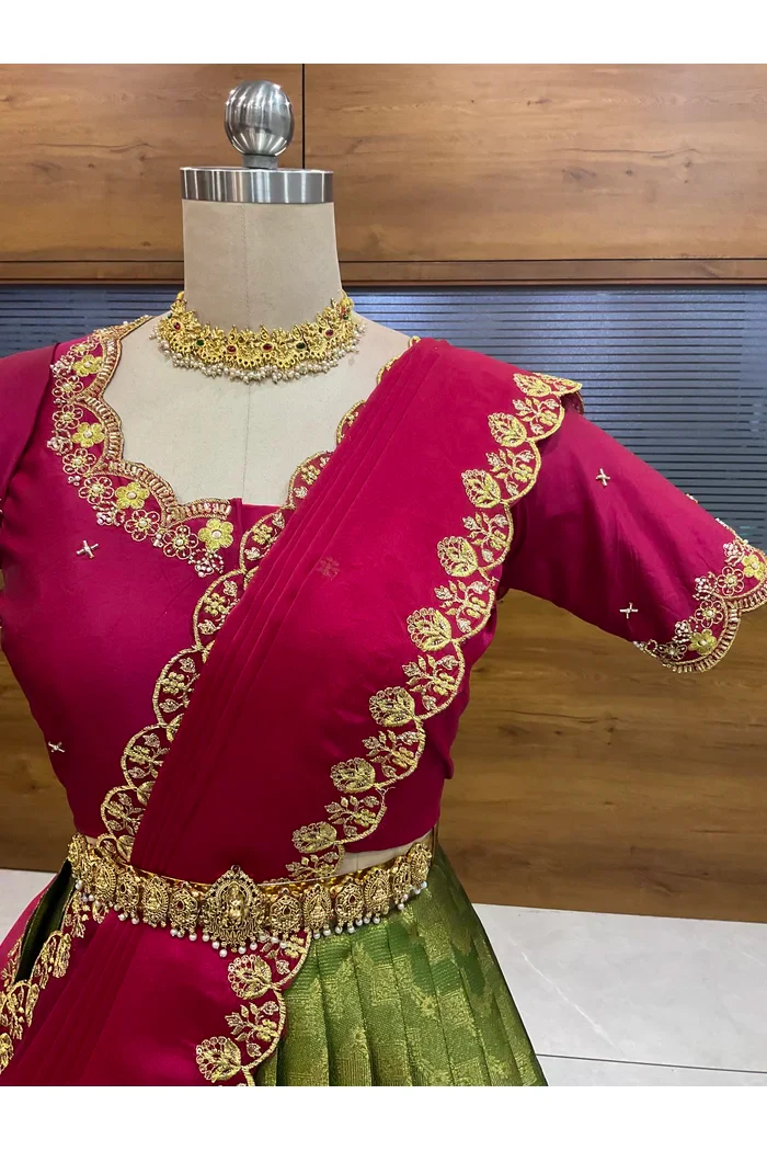 Beautiful South Indian Style Half Saree with Beads Work Blouse and Dupatta for Women | Mitali - Image 21