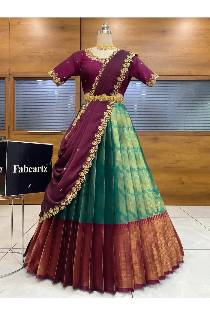 Beautiful South Indian Style Half Saree with Beads Work Blouse and Dupatta for Women | Mitali - Image 25