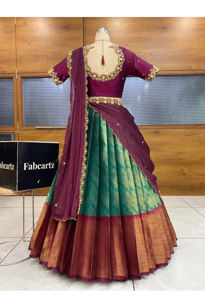 Beautiful South Indian Style Half Saree with Beads Work Blouse and Dupatta for Women | Mitali - Image 26