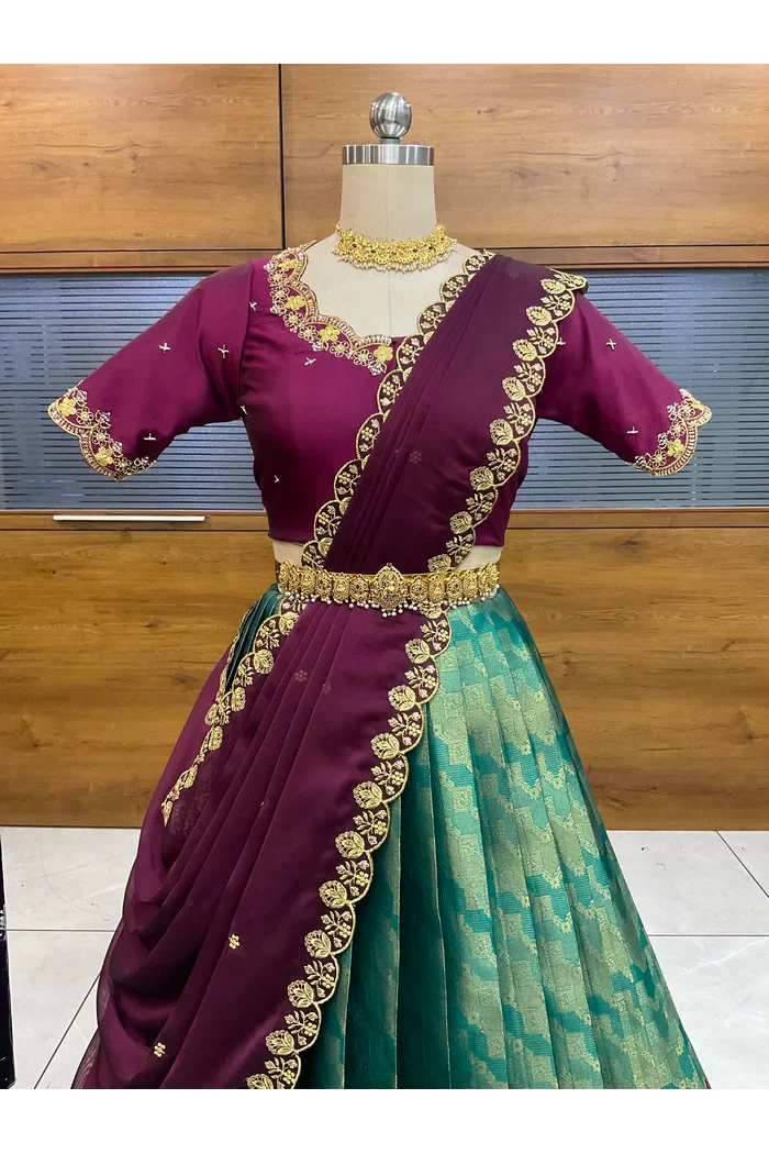Beautiful South Indian Style Half Saree with Beads Work Blouse and Dupatta for Women | Mitali - Image 27