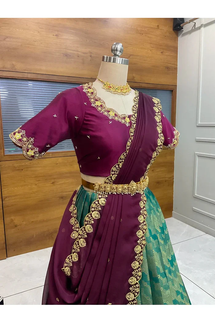 Beautiful South Indian Style Half Saree with Beads Work Blouse and Dupatta for Women | Mitali - Image 28