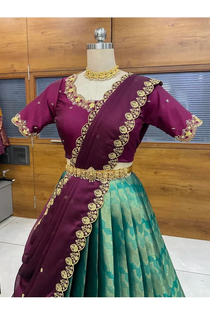 Beautiful South Indian Style Half Saree with Beads Work Blouse and Dupatta for Women | Mitali - Image 29