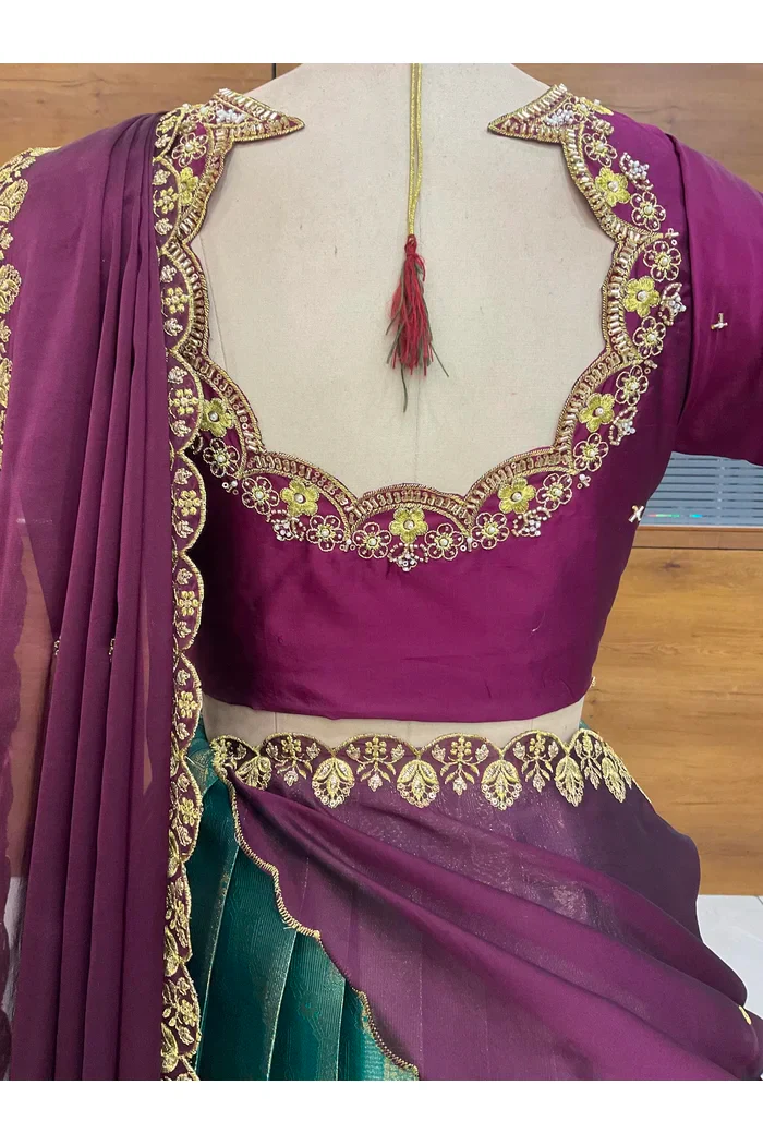 Beautiful South Indian Style Half Saree with Beads Work Blouse and Dupatta for Women | Mitali - Image 30