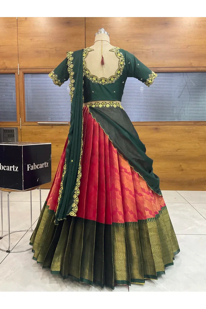 Beautiful South Indian Style Half Saree with Beads Work Blouse and Dupatta for Women | Mitali - Image 34