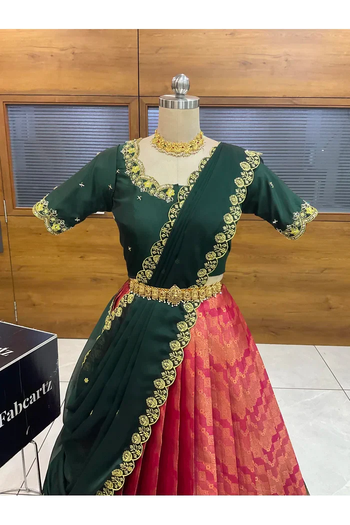 Beautiful South Indian Style Half Saree with Beads Work Blouse and Dupatta for Women | Mitali - Image 35