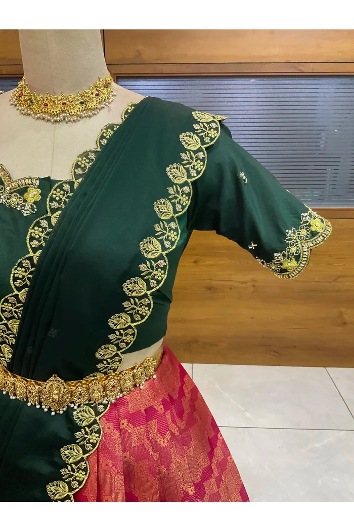 Beautiful South Indian Style Half Saree with Beads Work Blouse and Dupatta for Women | Mitali - Image 37