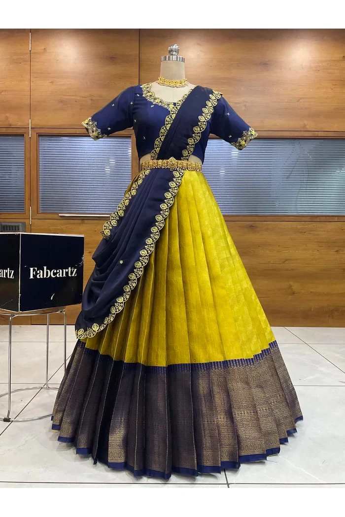 Beautiful South Indian Style Half Saree with Beads Work Blouse and Dupatta for Women | Mitali - Image 41