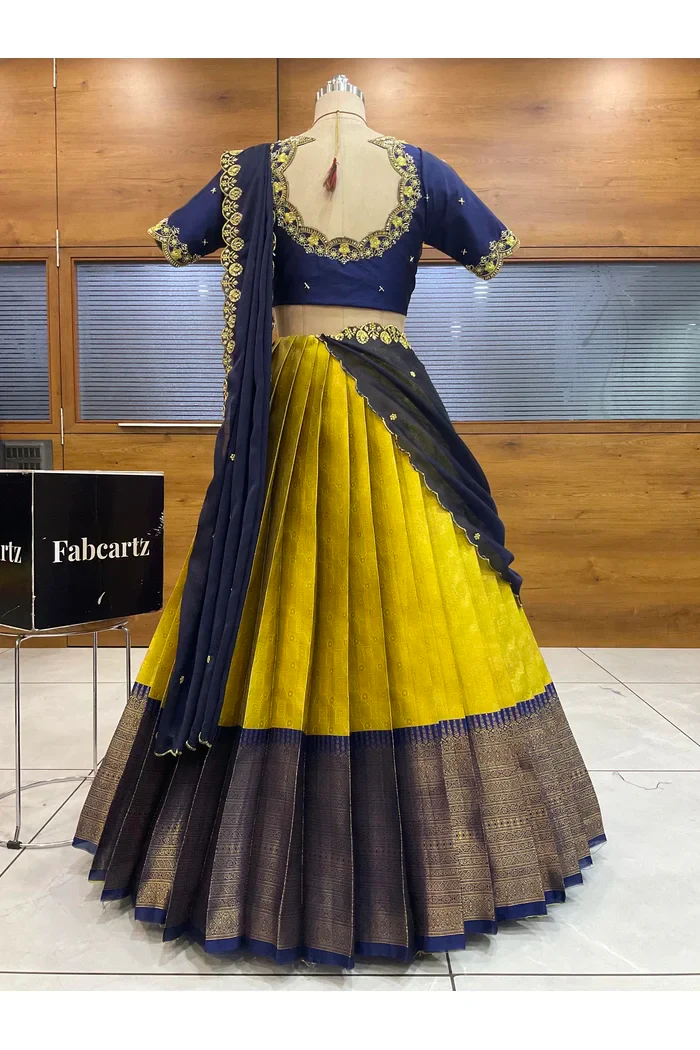 Beautiful South Indian Style Half Saree with Beads Work Blouse and Dupatta for Women | Mitali - Image 42