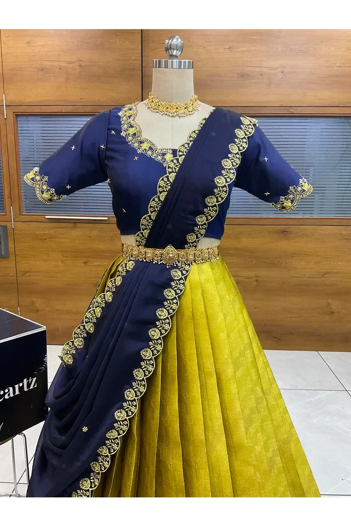 Beautiful South Indian Style Half Saree with Beads Work Blouse and Dupatta for Women | Mitali - Image 43