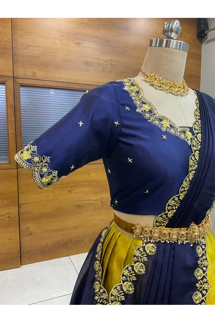 Beautiful South Indian Style Half Saree with Beads Work Blouse and Dupatta for Women | Mitali - Image 45