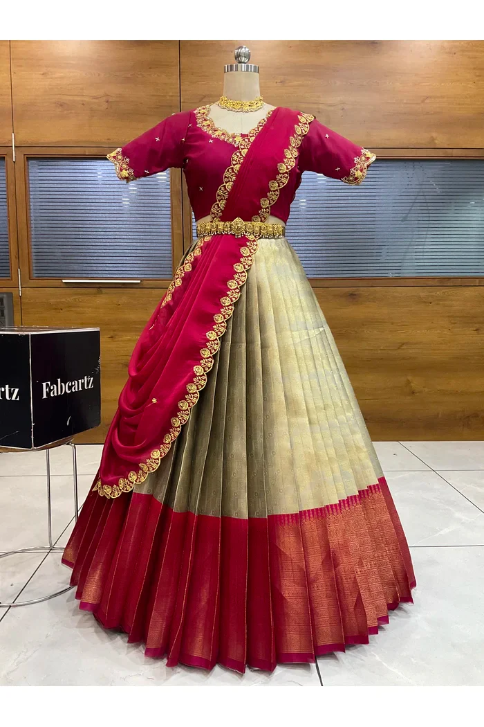 Beautiful South Indian Style Half Saree with Beads Work Blouse and Dupatta for Women | Mitali - Image 49