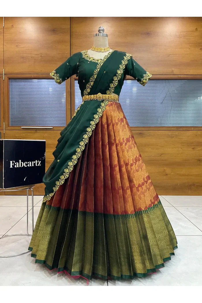 Beautiful South Indian Style Half Saree with Beads Work Blouse and Dupatta for Women | Mitali - Image 56