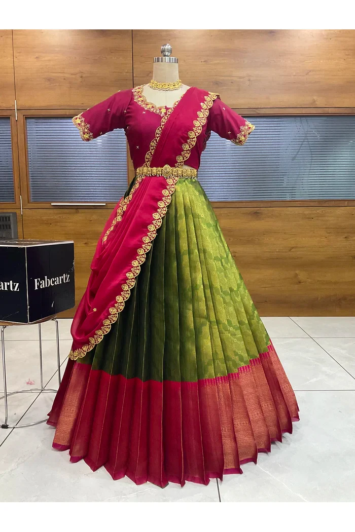 Beautiful South Indian Style Half Saree with Beads Work Blouse and Dupatta for Women | Mitali - Image 64