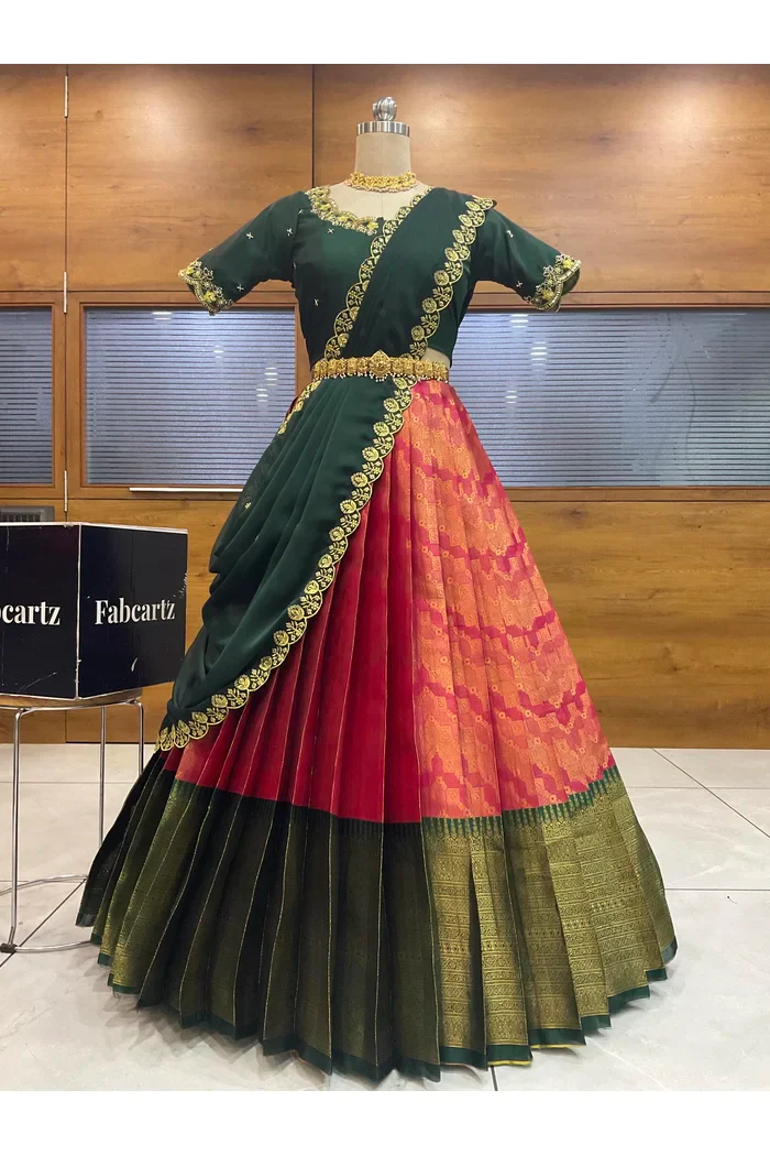 Beautiful South Indian Style Half Saree with Beads Work Blouse and Dupatta for Women | Mitali - Image 81