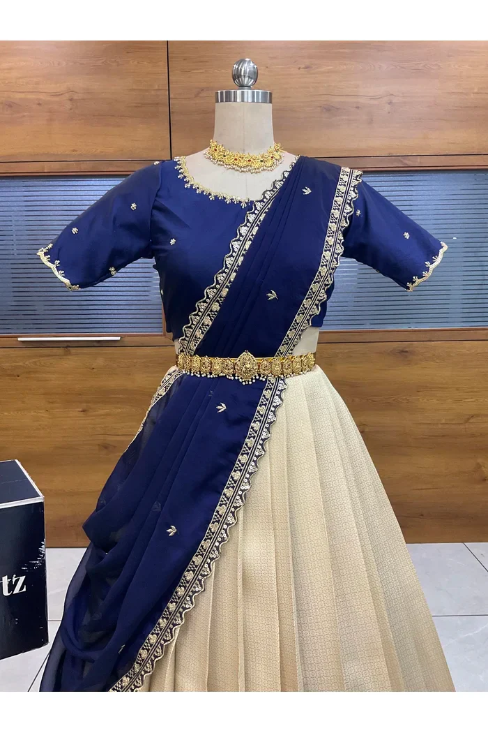 Beautiful South Indian Style Half Saree with Beads Work Blouse and Dupatta for Women | Sanskruti - Image 21