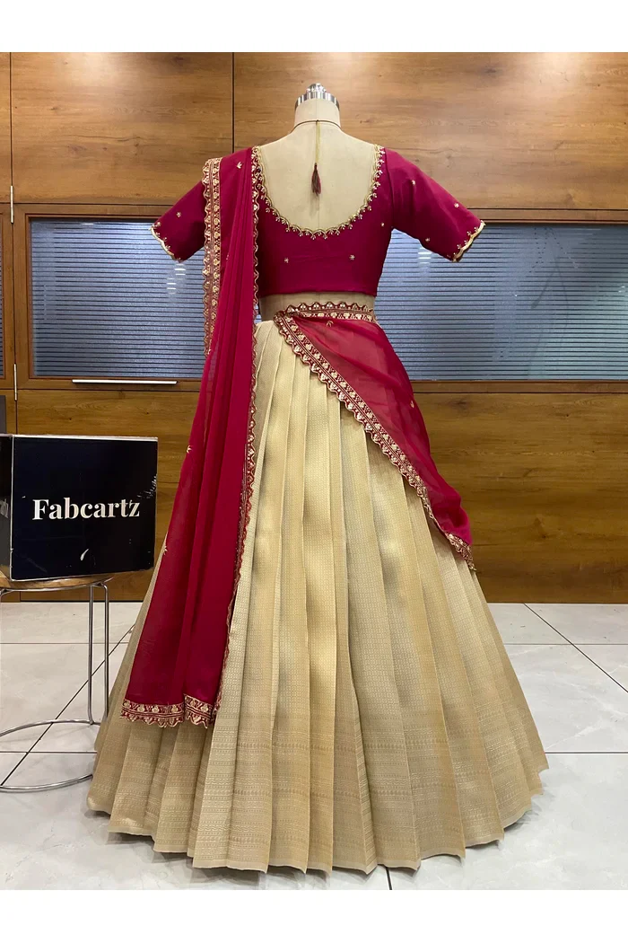 Beautiful South Indian Style Half Saree with Beads Work Blouse and Dupatta for Women | Sanskruti - Image 29